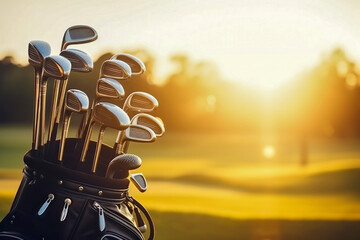 Golf clubs drivers over beautiful golf course at the sunset, sunrise time. - obrazy, fototapety, plakaty