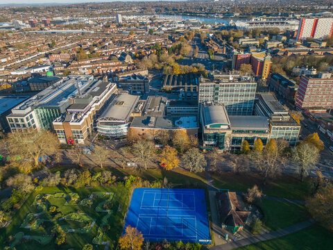 Southampton Solent University from East Park in autumn aerial