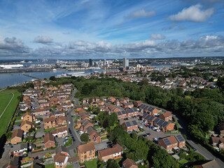 Woolston residential houses. aerial view towards Southampton city with solar panels of the roofs