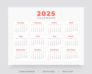 2025 Calendar template design. The week starts on Sunday.
