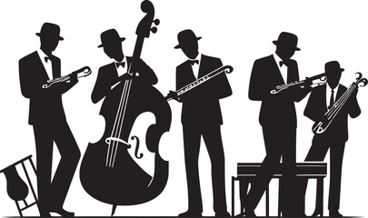 Melodic Unity Jazz Musicians Symbolic Silhouettes Rhythmic Harmony Stick Figure Jazz Band Design - obrazy, fototapety, plakaty