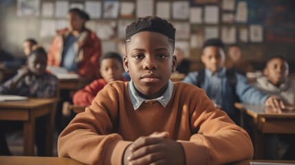 Fototapeta premium A despondent teen, seated in a classroom, looks directly at the camera, revealing the weight of his emotions.