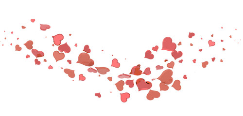 Falling red and pink hearts isolated on transparent background. Valentine’s day design. 3D rendering