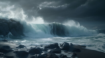 Storm at sea and ocean. Ocean waves. Big waves. Rocks - obrazy, fototapety, plakaty