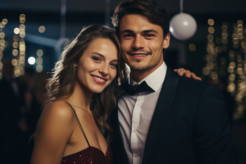 Excited festive young couple celebrating new year christmas party elegant outfit Generative AI portrait
