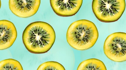 Fototapeta premium Modern top view illustration of a half sliced fresh kiwi on a pastel light blue background, watercolour painting style, minimalism