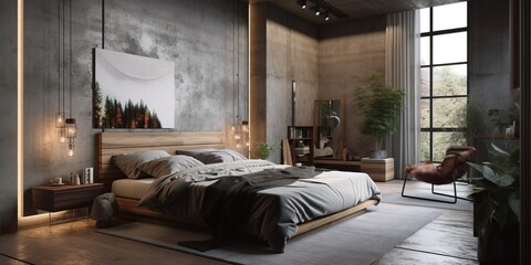 Stylish miniumalist bedroom interior in modern house.
