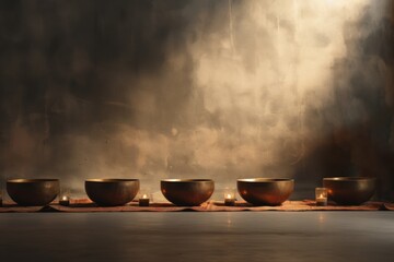 Set of Tibetan singing bowls with candles on brown background with sun rays from the window, sonic wellness therapy, used in Asian rituals, deep relaxation, meditation.