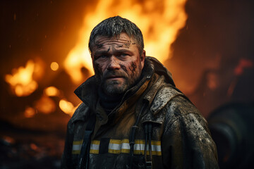 Fototapeta premium AI generated portrait of rescuers evacuates people from fire