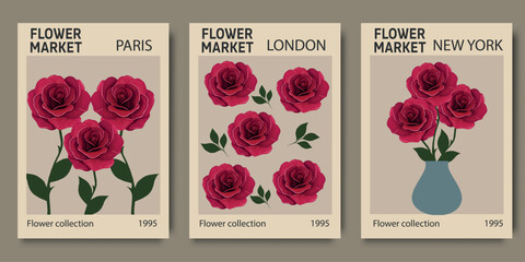  Abstract set Flower Market posters with rose. Trendy botanical wall arts with floral design in bright colors. Modern naive groovy funky interior decorations, paintings. Vector art illustration.
