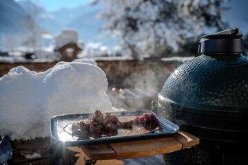 ready to eat - goulash from venison meat, from a calf -  cooked outdoor in a dutch oven on a...