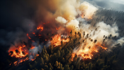 Fototapeta na wymiar Intense Wildfire Engulfing the Forest in a Blaze of Flames and Smoke, a Devastating Force of Nature Captured in a Gripping Image of Environmental Impact and the Urgency for Conservation Efforts