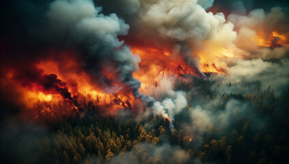 Fototapeta premium Intense Wildfire Engulfing the Forest in a Blaze of Flames and Smoke, a Devastating Force of Nature Captured in a Gripping Image of Environmental Impact and the Urgency for Conservation Efforts