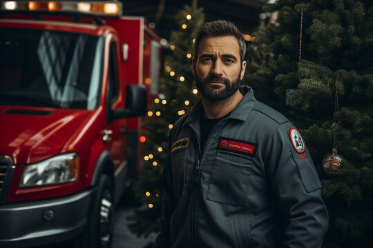 Generative AI photography of handsome man professional paramedic medic christmas time