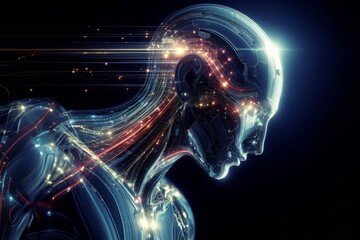 Sleek metallic and translucent circuits seamlessly fused with defined biological musculature in a glow of intricate inner spectra, blurring the lines between organism and invention