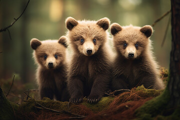 Generative ai image group of baby brown wild bears walk in forest