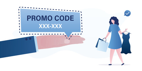 Seller hand gives discount promo code to woman buyer. Shopping online, girl looks at fashion goods and buys with discount. Female character doing digital remote purchases on internet.