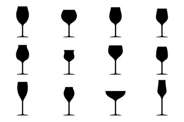 Glass wine silhouettes set. Alcohol coctail drink glass. Vector illustration.
