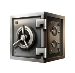 Close-up of a metal safe with a combination lock, isolated on transparent background, 3d rendering, realistic illustration, business illustration