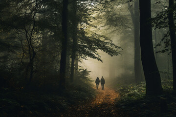 Generative ai picture of beautiful people walking on path in autumn season forest