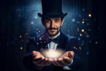 Generative ai image of an illusionist playing magic trick on halloween night in circus