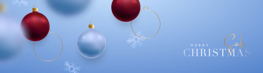 Christmas Sale banner with realistic blue and red balls and golden metallic decorative circles. Horizontal Christmas banner, headers, sites.