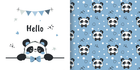 Cute seamless panda bear pattern. Boy. Vector texture for baby bedding, fabric, wallpaper, wrapping paper and more. - obrazy, fototapety, plakaty