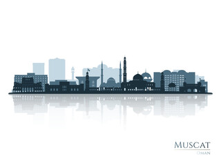 Muscat skyline silhouette with reflection. Landscape Muscat, Oman. Vector illustration.