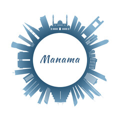 Manama skyline with colorful buildings. Circular style. Stock vector illustration.