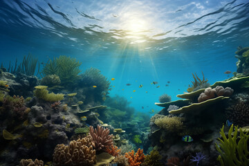 Animals of the underwater sea world. Ecosystem. Colorful tropical fish, Life in the coral reef