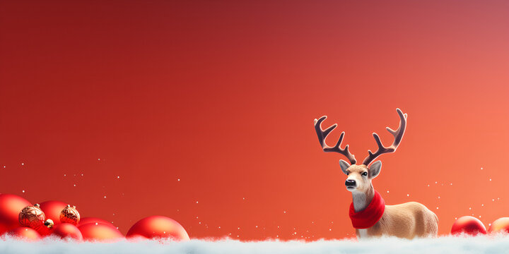 christmas background with reindeer ,Christmas banner on red background with santa claus reindeer and snowflakes ,Christmas background with deer and decorated gingerbread 3d render generative ai
