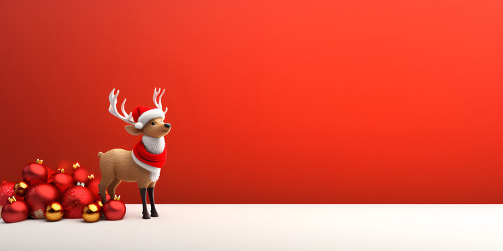 red christmas reindeer ,Christmas background with deer and decorated gingerbread 3d render image ,3d illustration a gift from santa claus on christmas day generative ai

