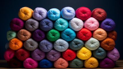 Fototapeta na wymiar Colorful Yarn Balls Creatively Stacked: A Visual Celebration of Creativity and Crafting