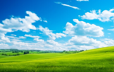 Panoramic natural landscape with green grass field and blue sky with clouds