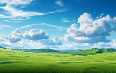 Fototapeta premium Panoramic natural landscape with green grass field and blue sky with clouds