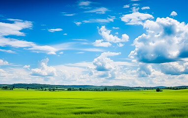 Fototapeta premium Panoramic natural landscape with green grass field and blue sky with clouds