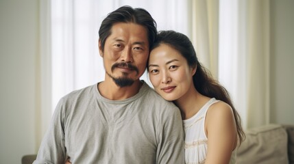 Obraz premium Amid the walls of their dwelling, a middle-aged Asian couple expresses their bond through a tender embrace.
