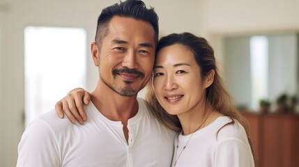 Obraz premium A moment of togetherness unfolds as a middle-aged Asian couple embraces within the walls of their home.