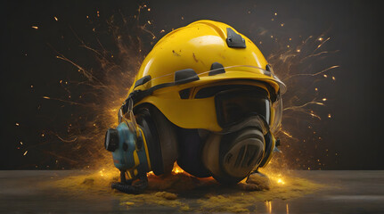 Yellow helmet with breathing mask and spark around it - obrazy, fototapety, plakaty