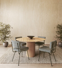 Harmony in design. A wooden round table and patterned chairs set against an earthy textured wall, accented by potted olive trees in a 3d render dining space