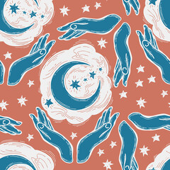 Obraz premium Starry night seamless pattern with moon, stars and clouds. Boho style decorative background for wallpaper, digital paper, wrapping design, fashion fabric, textile print. Hand drawn illustration.