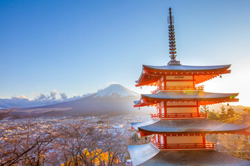 Wonderful Chureito Pagoda with fantastic view on mount Fuji. Impressive and magnificent view on mount Fuji in Japan.