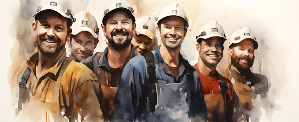 Watercolor style group of workmen,