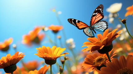 A 3d illustration depicts beautiful multicolored butterflies flying around orange flowers and greenery against a blue sky. - Powered by Adobe