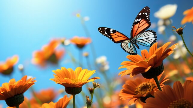 A 3d illustration depicts beautiful multicolored butterflies flying around orange flowers and greenery against a blue sky.