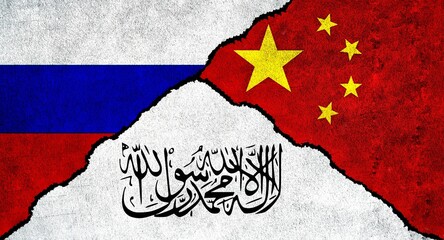 Russia, China and Afghanistan flag together on wall. Diplomatic relations between Russia, Taliban and China