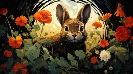 Fototapeta premium Nature's Artistic Journey. Block Print Style Illustrations of a Rabbit's Life