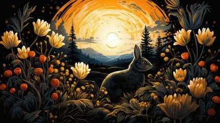 Nature's Artistic Journey. Block Print Style Illustrations of a Rabbit's Life