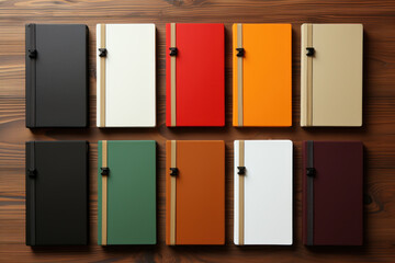 multi-colored notepads on a wooden table, identical design in different shades