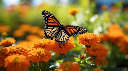 Obraz premium In an outdoor flower garden, there is a beautiful orange monarch butterfly.